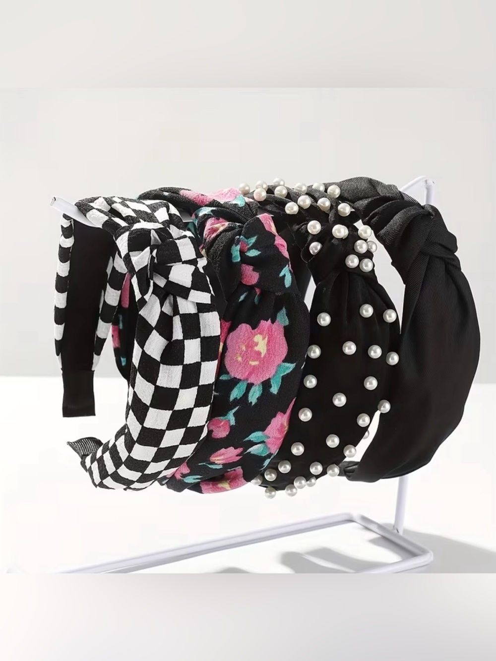 4 Women’s Mixed-Style Knot Headband Set - Black, Floral, Checkered. - Picture 2 of 2